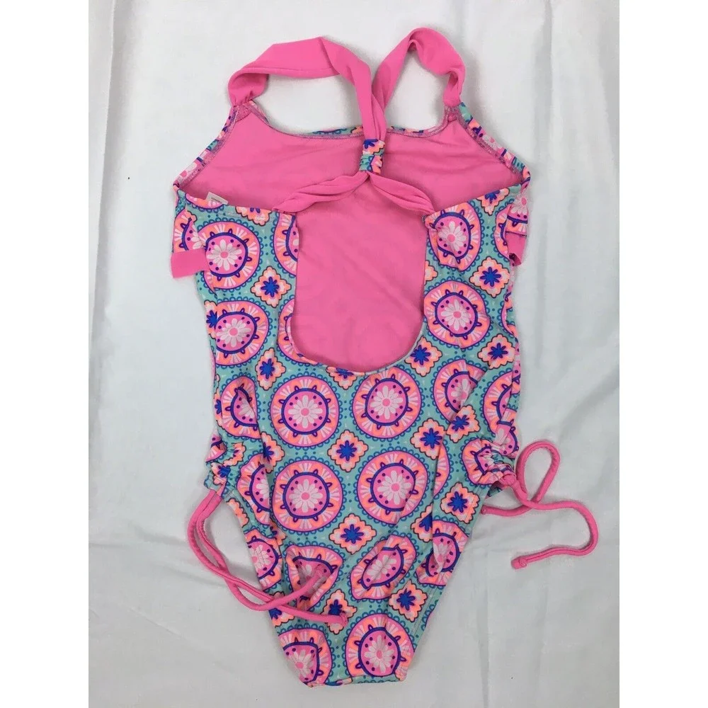 Justice Girl Size 10 Pink Blue One Piece Swimsuit Side Ties Ruffle‎